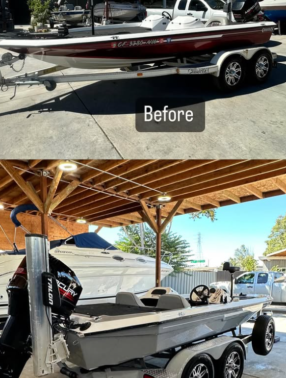 Comparison of a boat before and after restoration, shown on a trailer in two separate images. The top shows an older boat on a trailer, labeled "Before." The bottom shows a more modern, refurbished boat under a wooden carport, with a new engine and updated appearance.