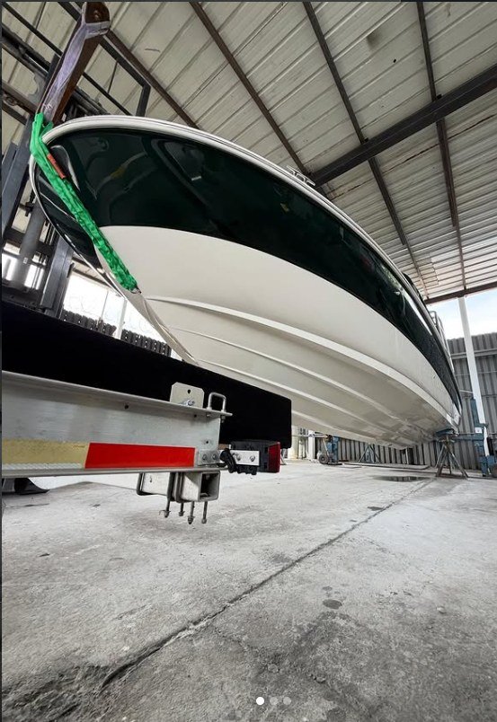Boat hull below the waterline prepped for blister and osmosis repair in Stockton at Sergio's Boat Spa