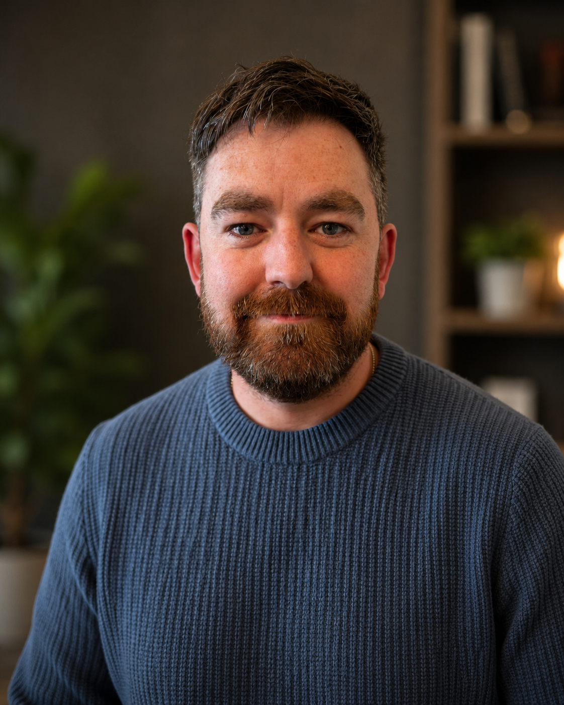 A man with a beard and mustache wearing a blue sweater, sitting in a room with a bookshelf in the background.