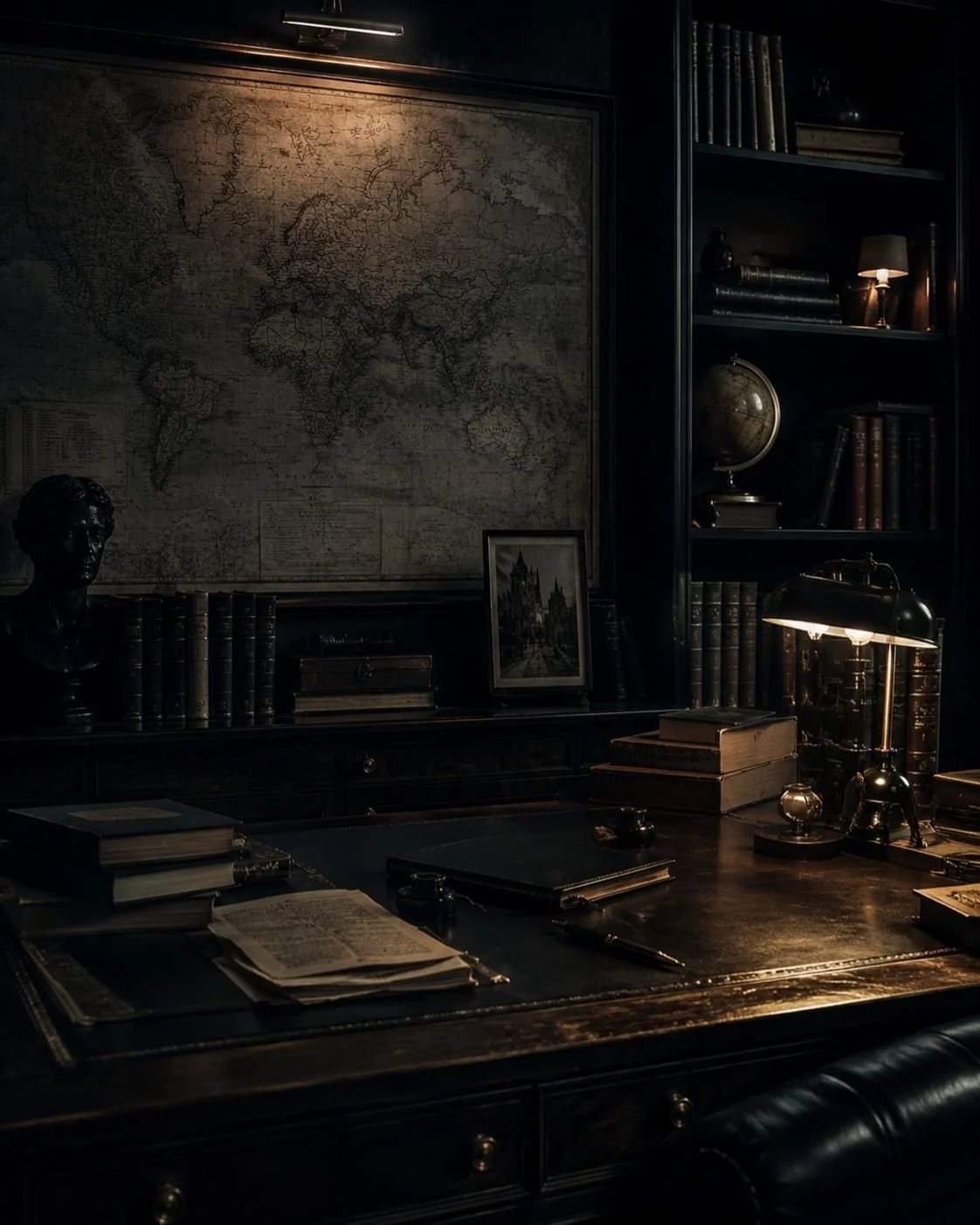 A dimly lit vintage study room with a dark wooden desk, books, a globe, a bust sculpture, framed photographs, and a large world map on the wall.