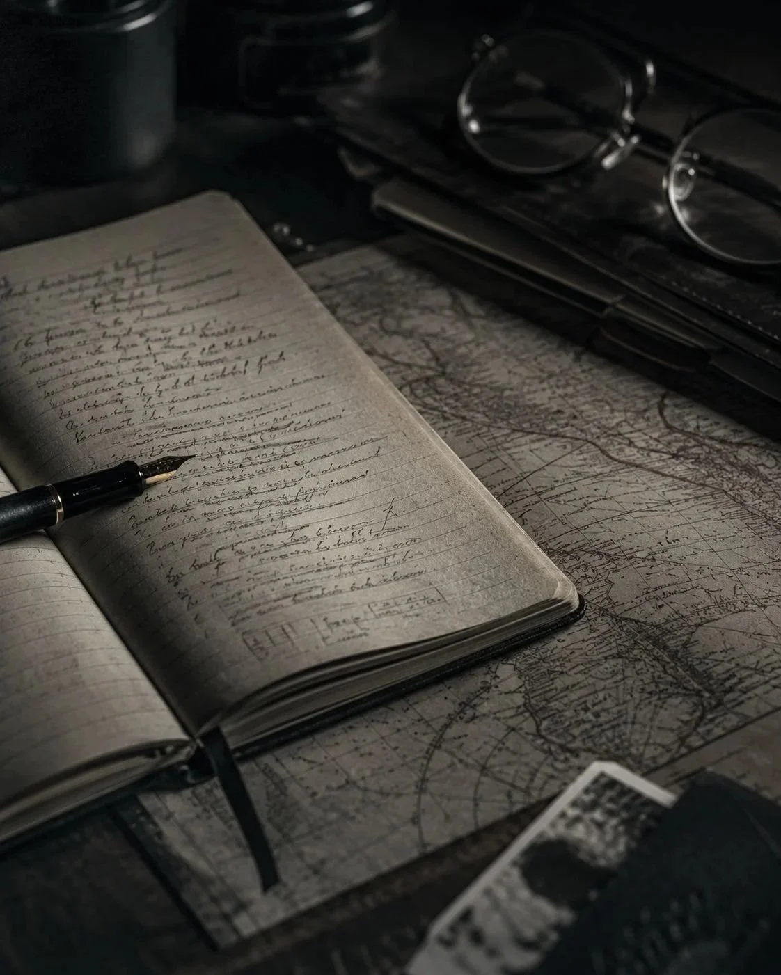 Open notebook with handwritten notes on top of a map, with a pen placed diagonally, and glasses and a stack of papers in the background.