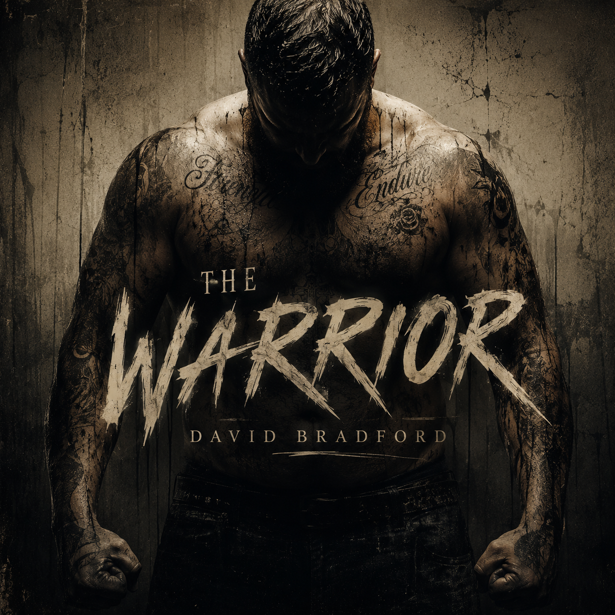 A shirtless man with tattoos on his chest and arms, flexing his muscles with a serious expression, set against a dark, grungy background. The text "The Warrior" and "David Bradford" are overlaid on the image.
