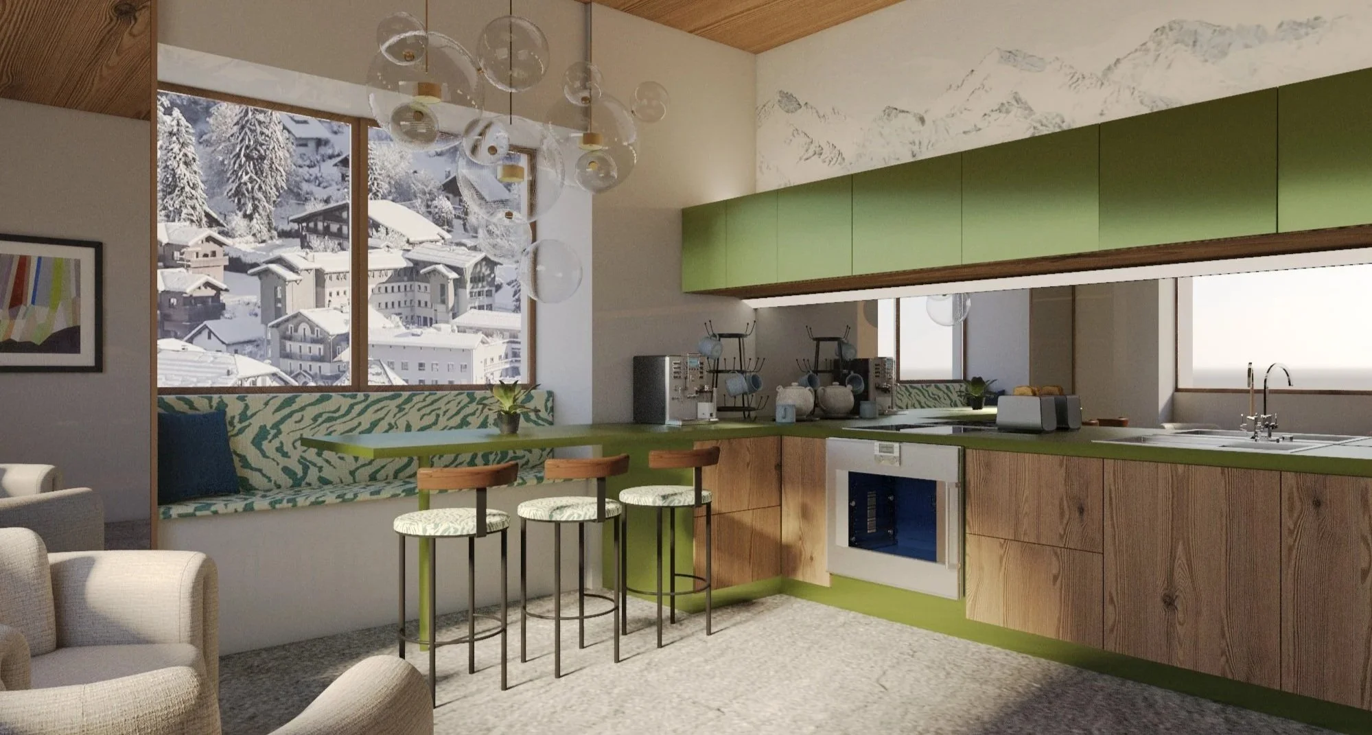 Une cuisine moderne avec des armoires vertes, un plan de travail vert, et un mur avec une fresque de montagnes enneigées. La cuisine est éclairée par une grande fenêtre offrant une vue sur une ville enneigée. Il y a aussi une lampe suspendue en verre et quelques chaises de bar avec des coussins en tissu vert.