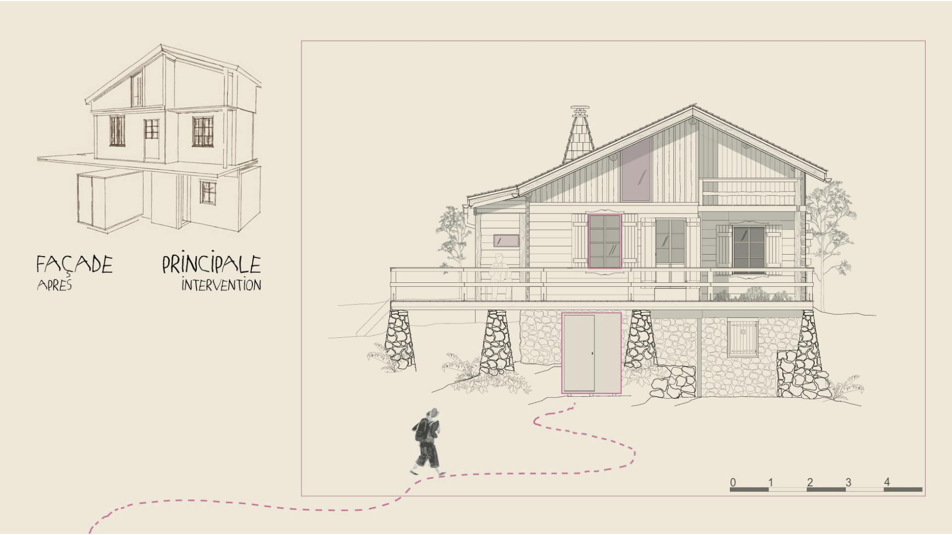 Plan architectural d'une maison en bois avec une fondation en pierre, balcons en bois, et terrain avec un chemin en pointillés, situé à côté d'une zone verte avec un arbre.