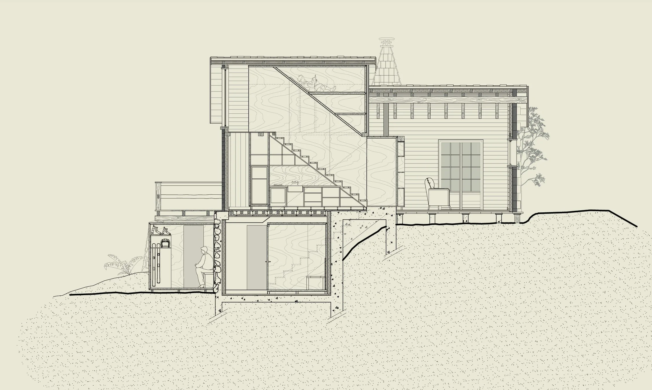 Section architecturale d'une maison en bois avec éléments structuraux, escaliers, et espace intérieur, avec extérieur de terrain en pente et végétation.
