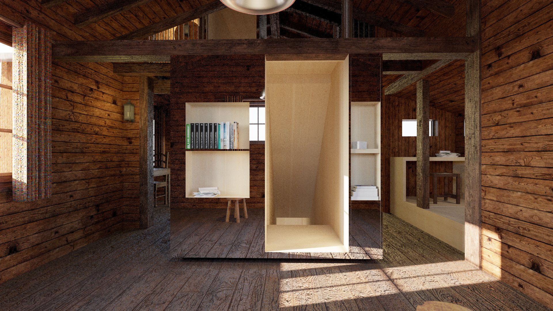 Intérieur d'une maison en bois avec un escalier et des étagères remplies de livres.