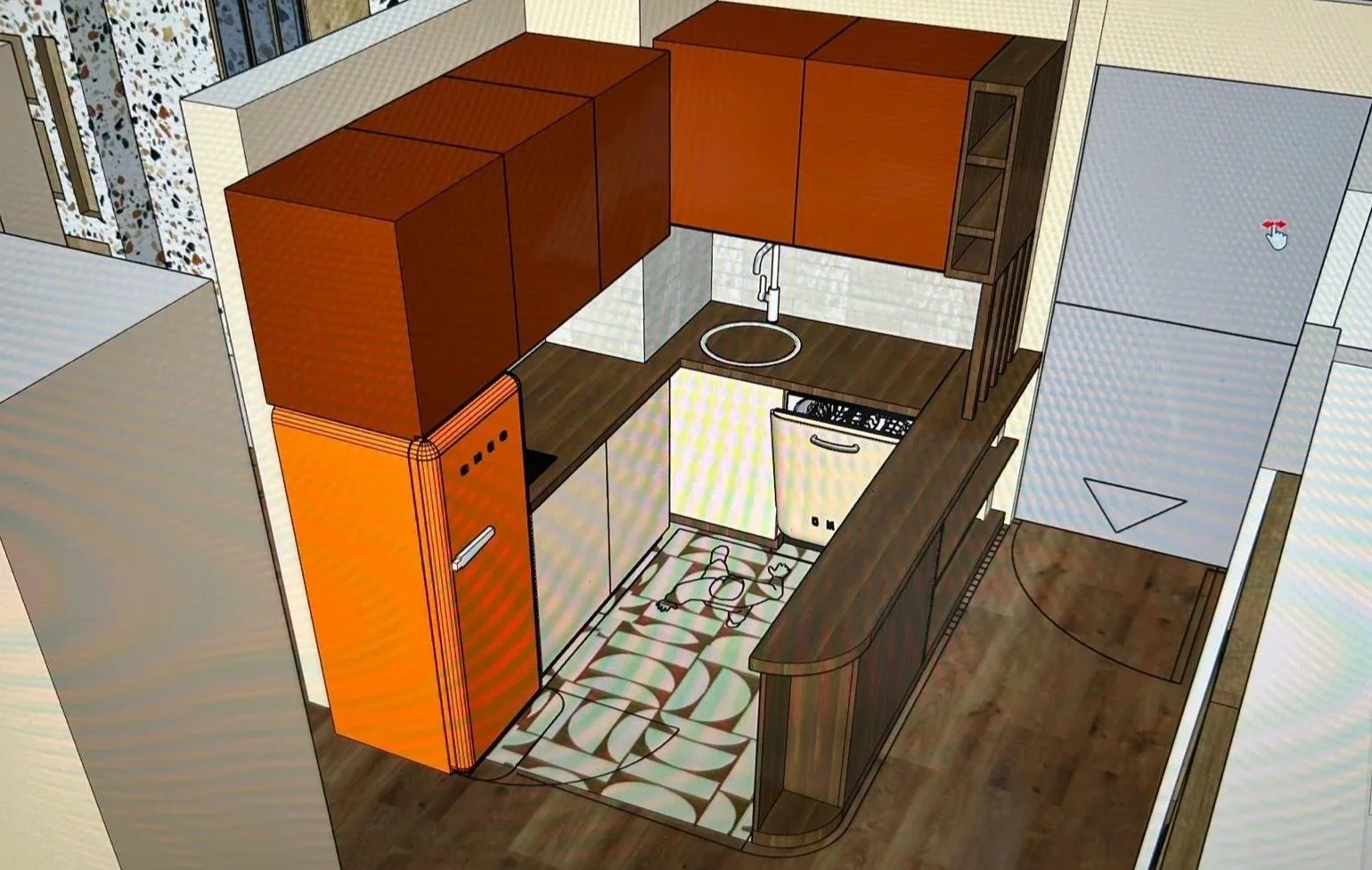 Visuel 3D d'une cuisine moderne avec armoires en bois, évier, réfrigérateur orange, lave-vaisselle, et tapis à motifs au sol.