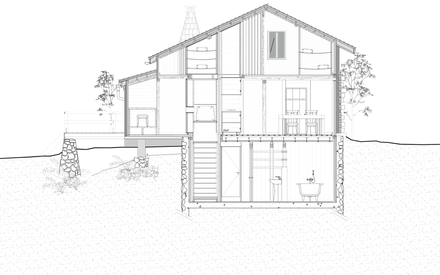 Plan architectural d'une maison en coupe, montrant plusieurs niveaux, escaliers, fenêtres, murs en bois et arbres environnants.