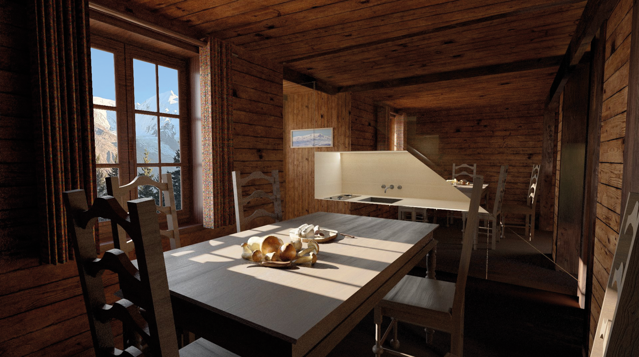 Salle à manger en bois avec grande table, chaises et cuisine ouverte, vue sur des montagnes enneigées par la fenêtre.