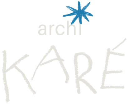 Logo avec le mot 'archi' en minuscules, une étoile stylisée bleue au-dessus du 'i', et le mot 'KARE' écrit en lettres manuscrites blanches.