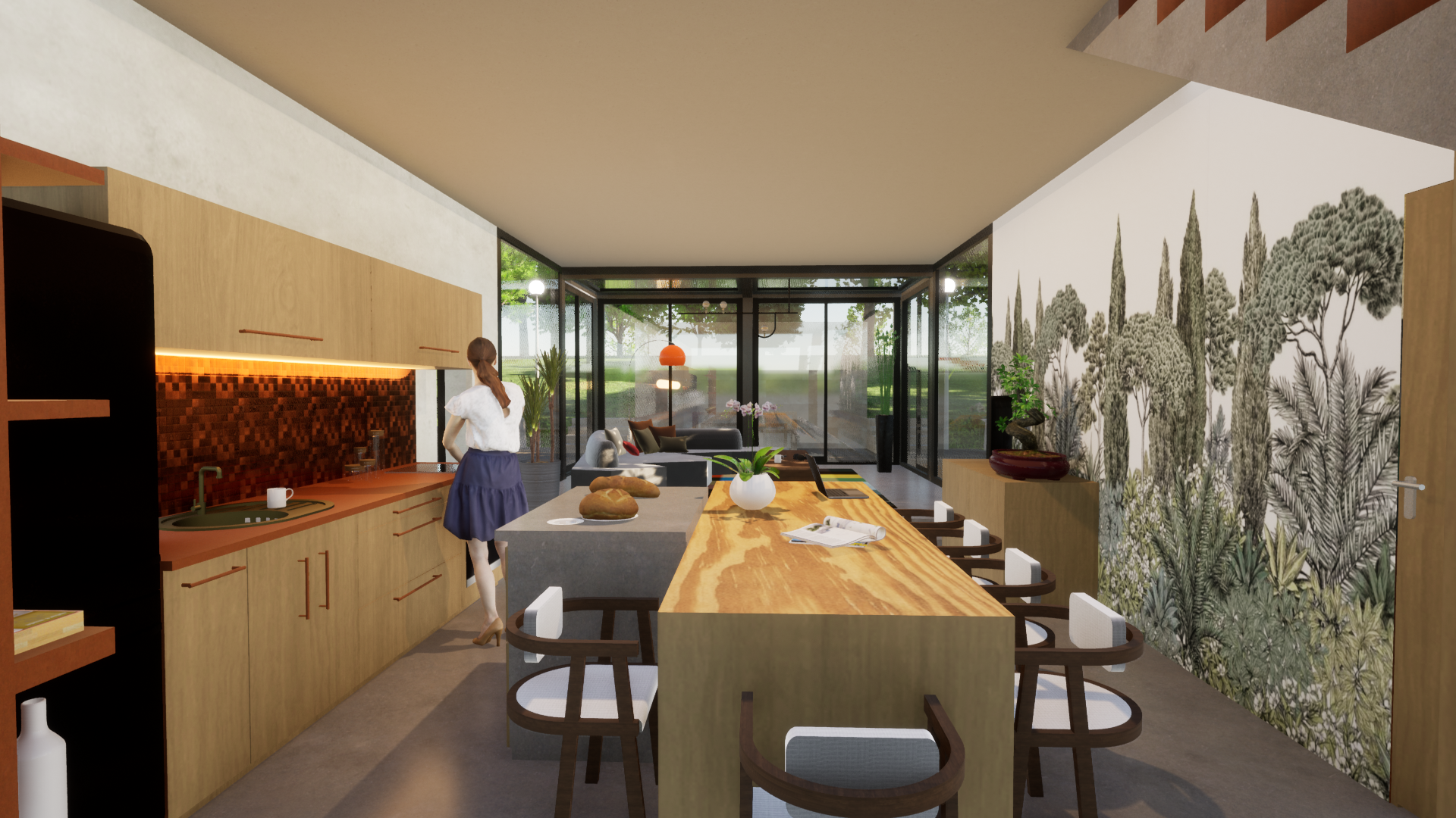 Intérieur moderne d'une cuisine et salle à manger, avec une femme dans la cuisine, un mur avec une fresque végétale, une grande table en bois, et un espace de vie lumineux avec de grandes fenêtres et un salon en arrière-plan.