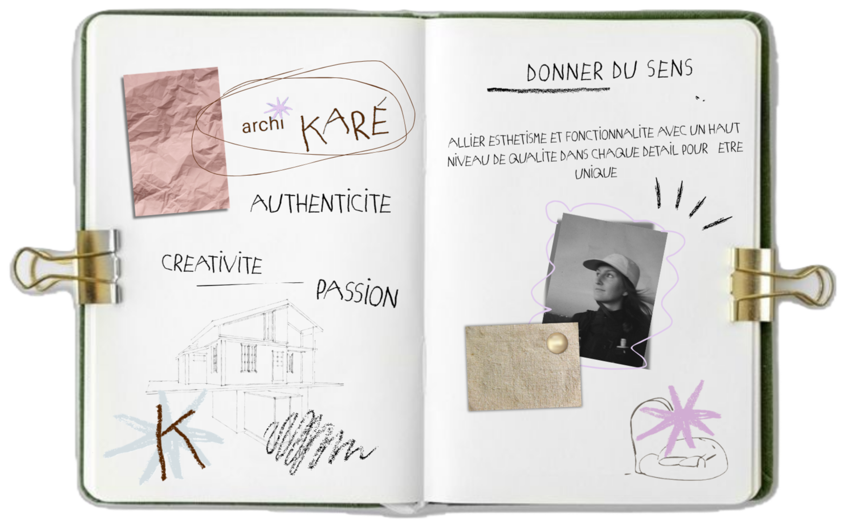 Un carnet ouvert avec des notes manuscrites, dessins, collages, et une photo d'une femme portant un chapeau. La page de gauche comporte des mots comme «authenticité», «créativité», et un dessin d'une maison. La page de droite a le titre «donner du sens» et un texte en français, ainsi que des dessins et une photo noir et blanc d'une femme regardant vers la droite.