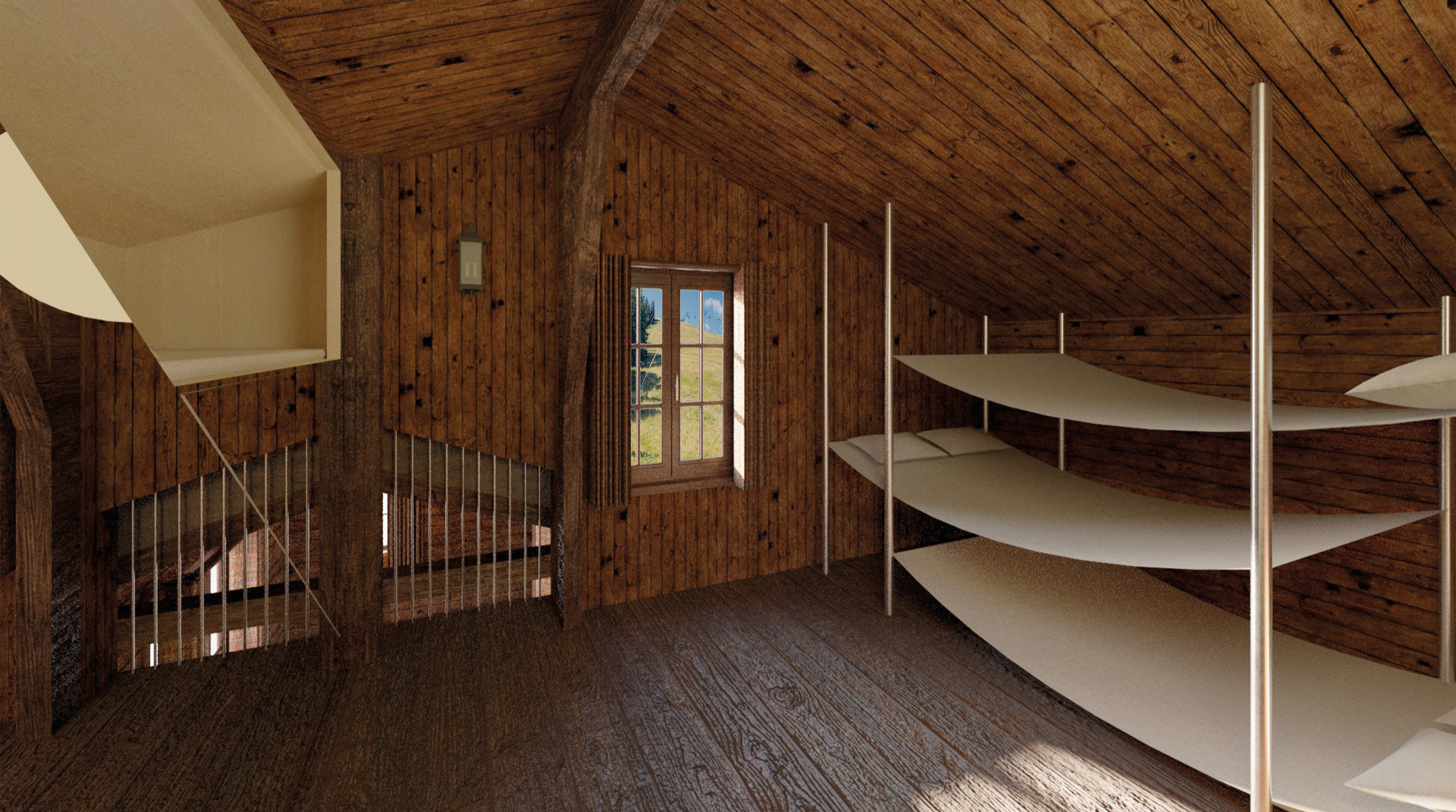 Intérieur d'une pièce en bois avec un lit en mezzanine, une fenêtre donnant sur un paysage en montagne, et des étagères en blanc.