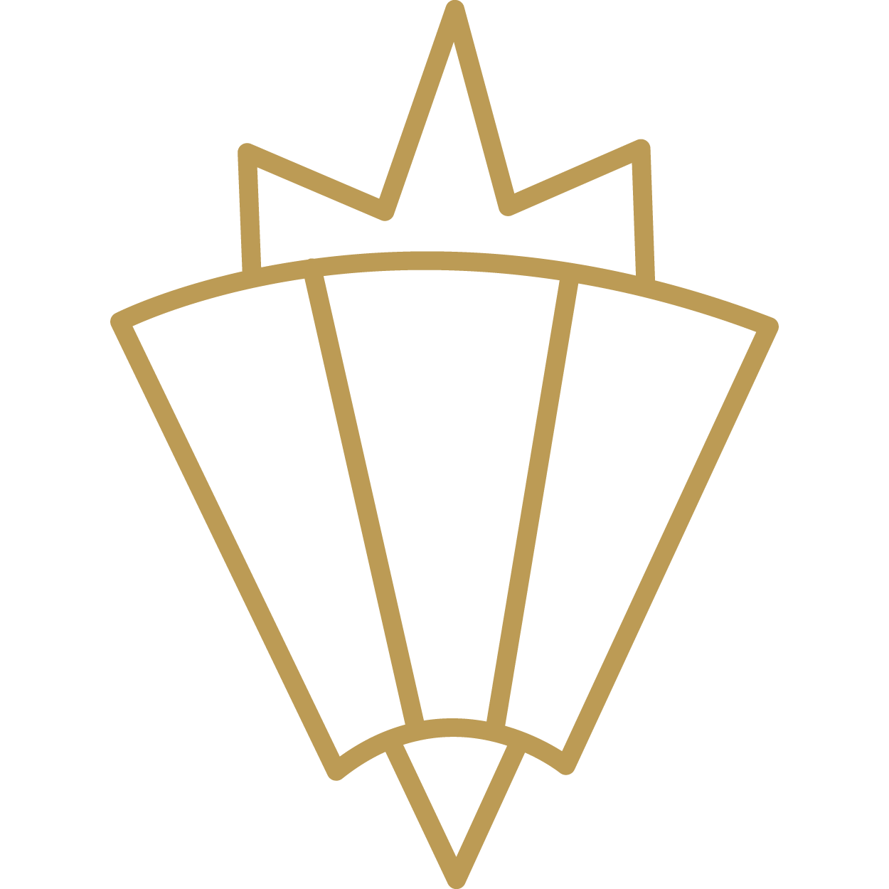 Gold outline of a stylized diamond shape with a crown on top, on a transparent background.