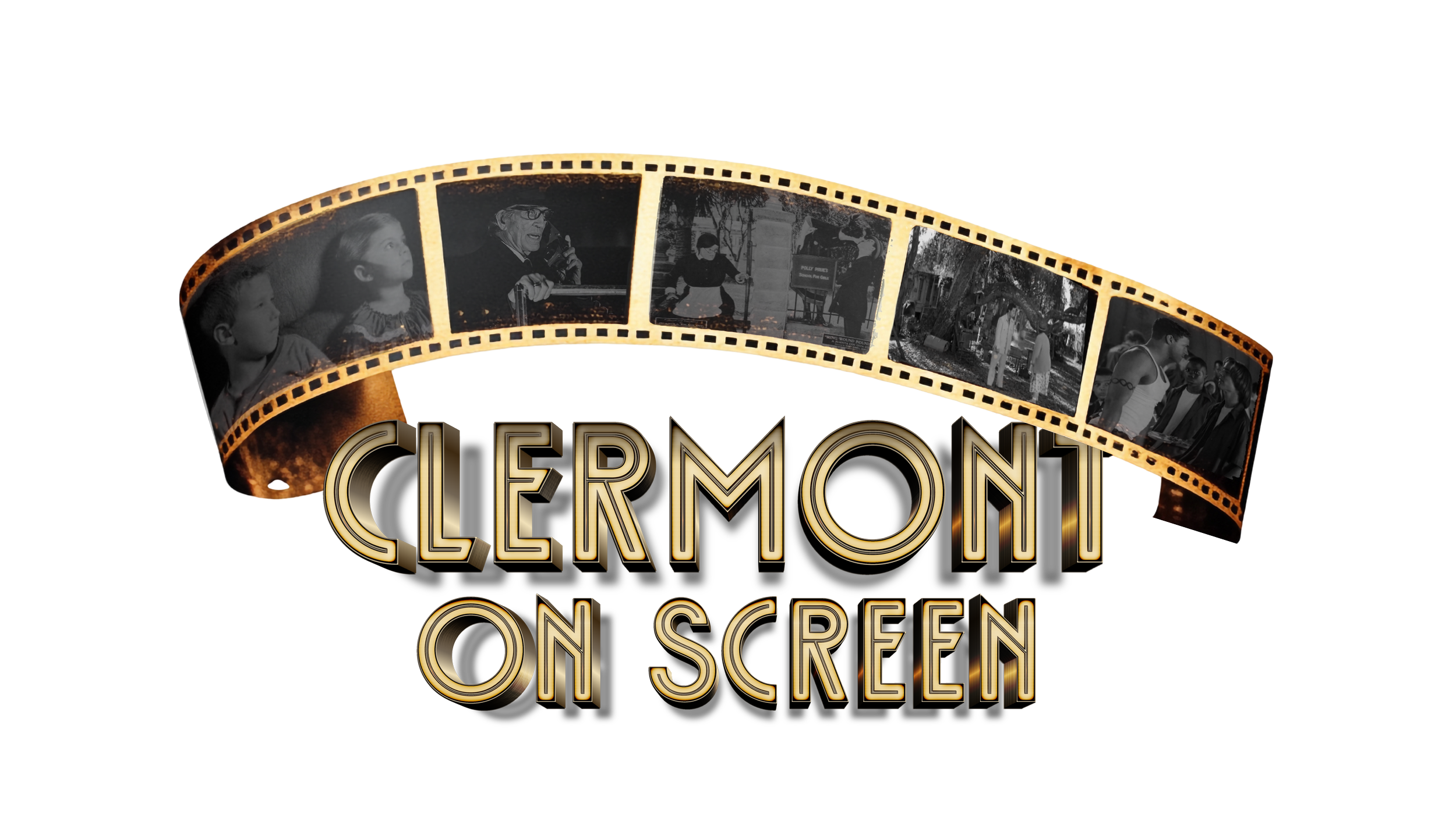 A film strip with black-and-white images on a black background, with the words 'CLEMONT ON SCREEN' in stylized 3D gold letters below.