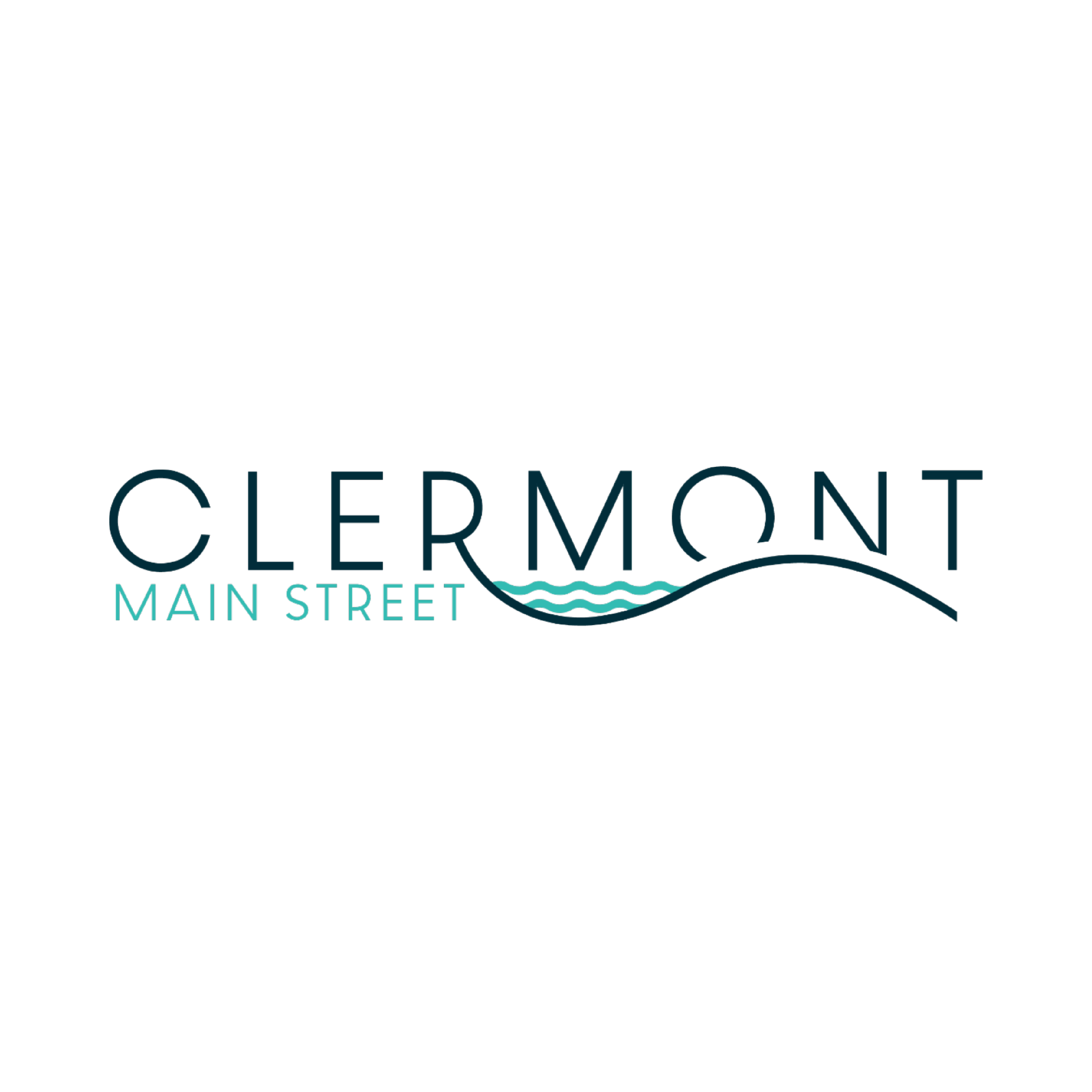 The logo for Clermont Main Street, featuring the text 'Clermont' with waves underneath and 'Main Street' below.