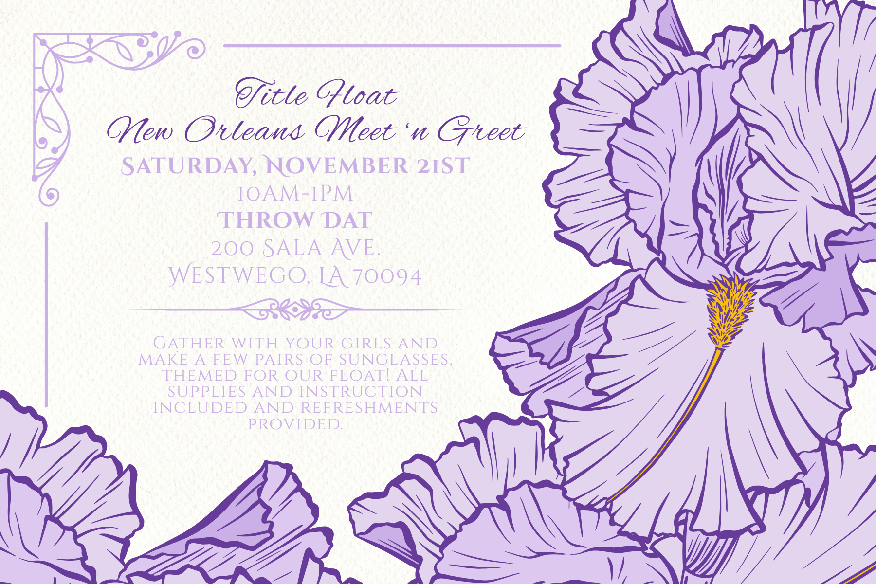 PRIVATE PARTY Iris Title Float Meet 'n Greet |  Saturday November 21st 10am-1pm