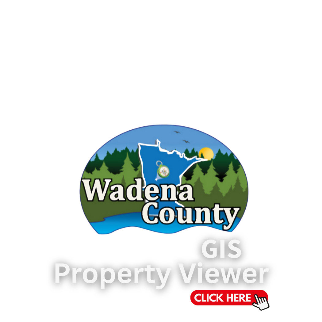 Wadena County GIS Property Viewer logo featuring a landscape with trees, river, mountains, and a sunset, with a red "Click Here" button.