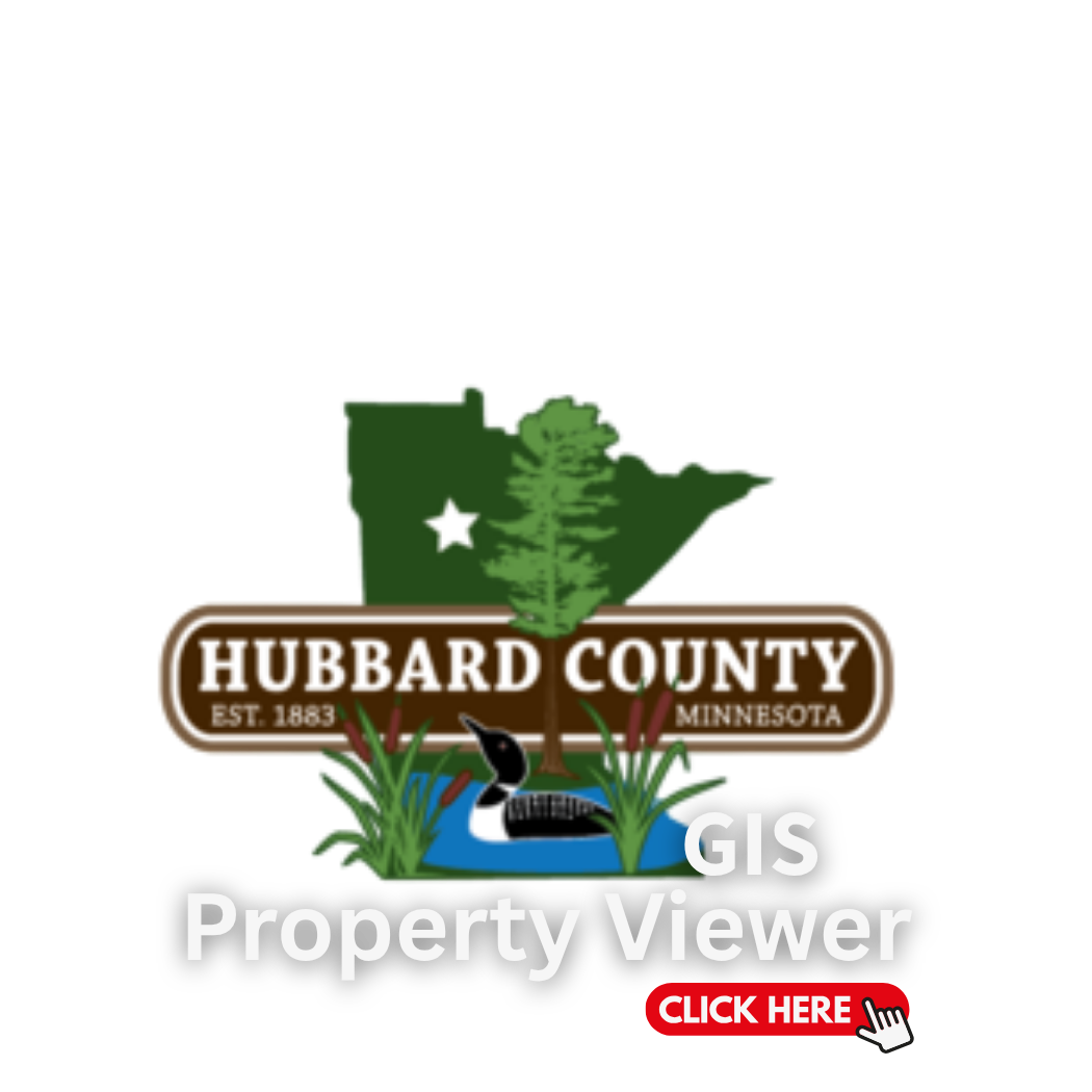 Hubbard County, Minnesota GIS Property Viewer logo featuring a map of Minnesota with a star marking Hubbard County, a tree, a pond with a duck, and green grass, with a button labeled 'CLICK HERE'