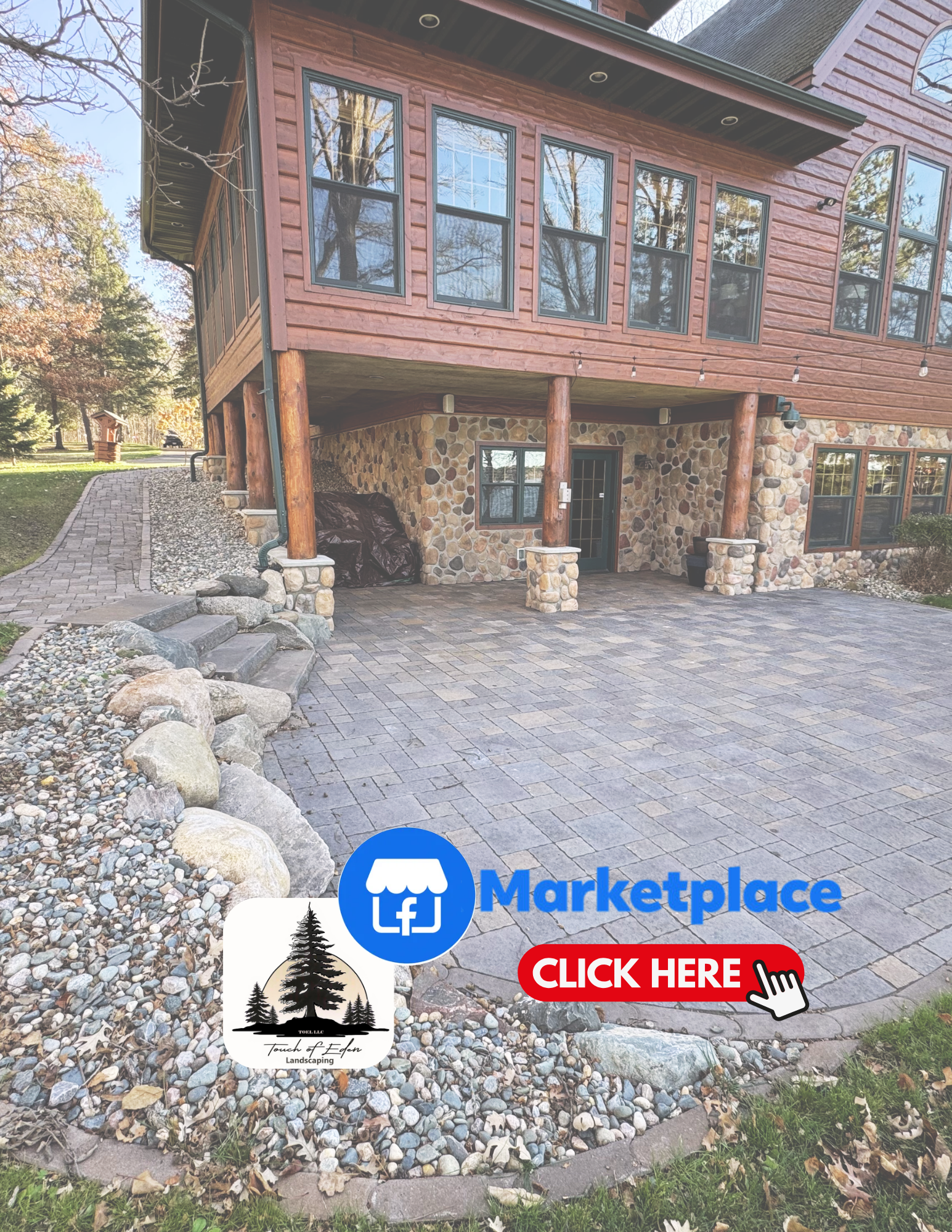 A house with a stone foundation and wooden siding, surrounded by a paved patio and landscaped yard, with trees in the background. There are signs and buttons at the bottom of the image related to a marketplace.