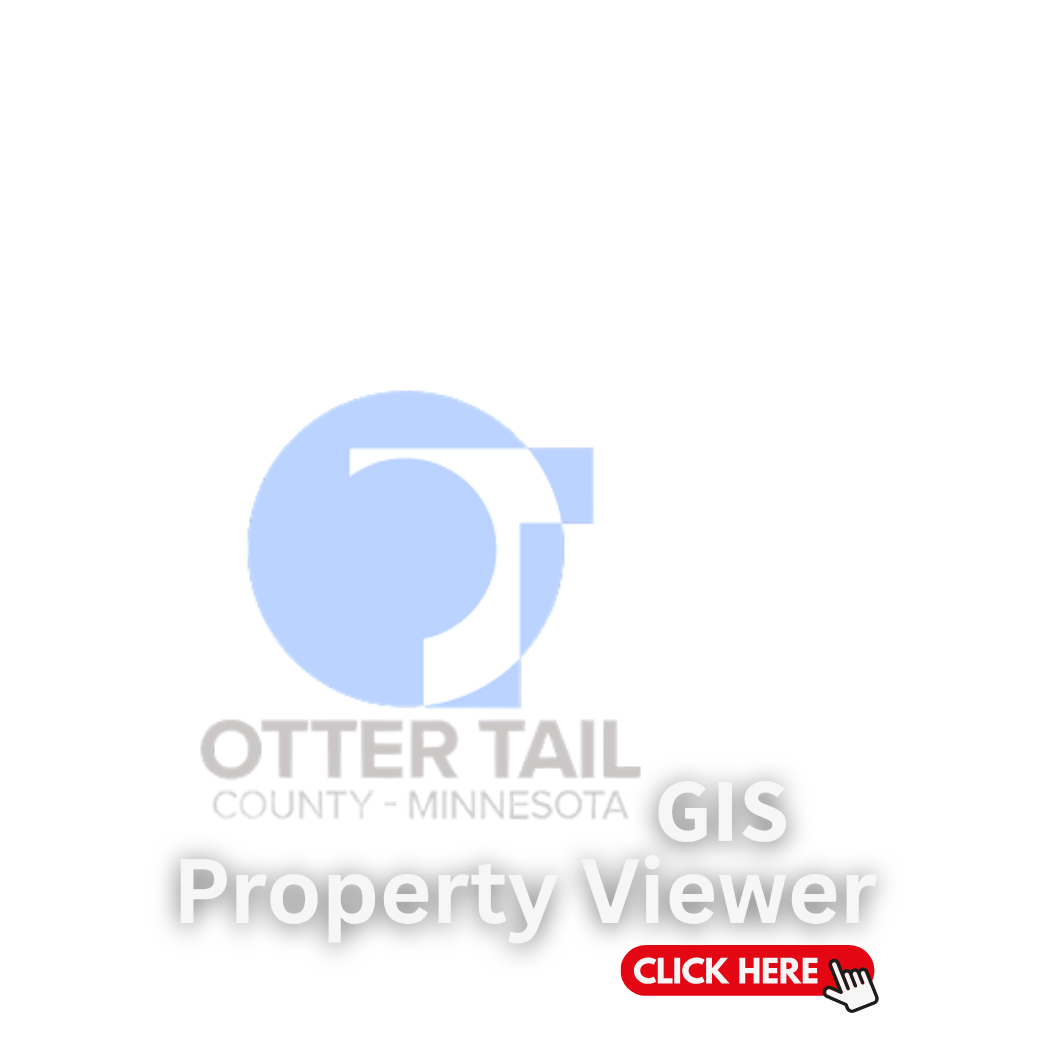 Otter Tail Logo for GIS Property Viewer with a blue circle and white magnifying glass icon, and a red button with white text saying 'CLICK HERE' and a hand cursor icon.