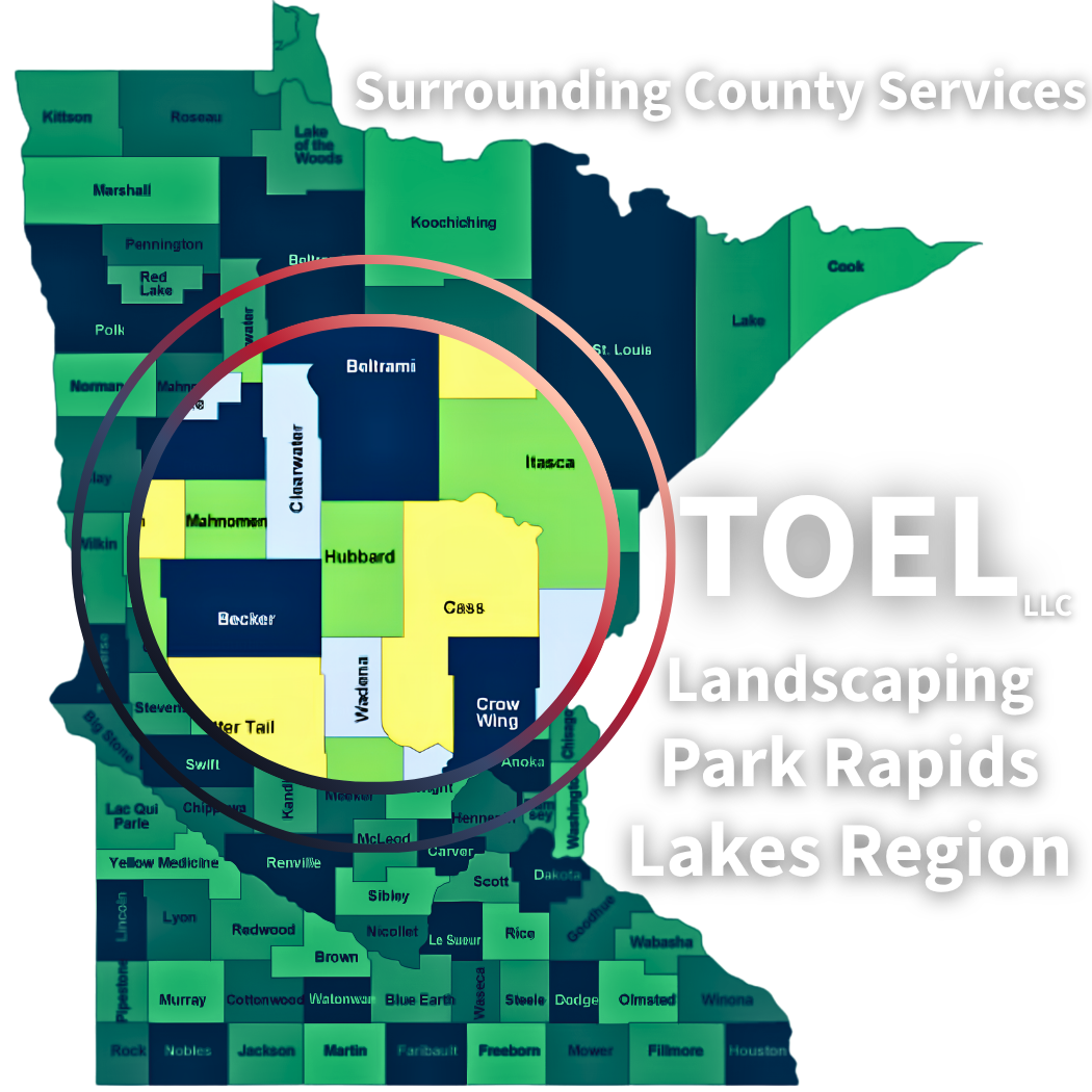 Map of Lakes Region, highlighting counties served by TOEL LLC, including Rogers, Cass, Hubbard, Crow Wing, and Scott counties.