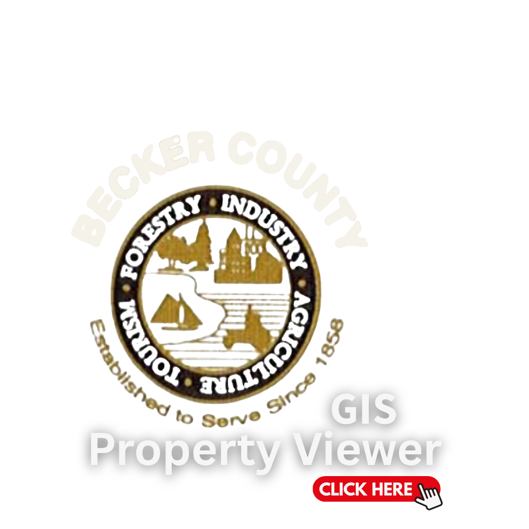 Logo for GIS Property Viewer featuring a circular emblem of a cityscape with a bridge, castle, and tent, with the text 'Becker County' around the border, and a red 'CLICK HERE' button below.