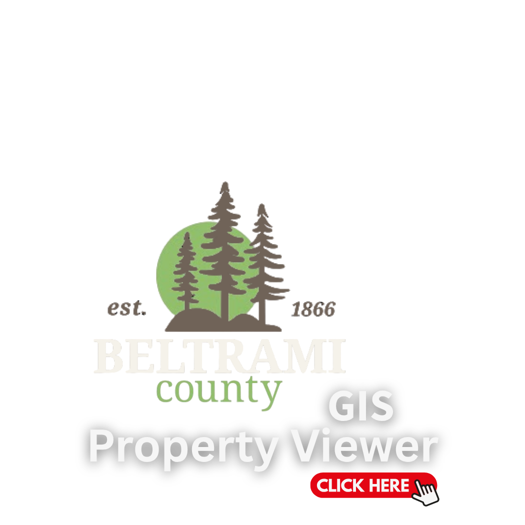 Logo for Beltrami County GIS Property Viewer with trees and text 'Beltrami County GIS Property Viewer' and a red 'Click Here' button.