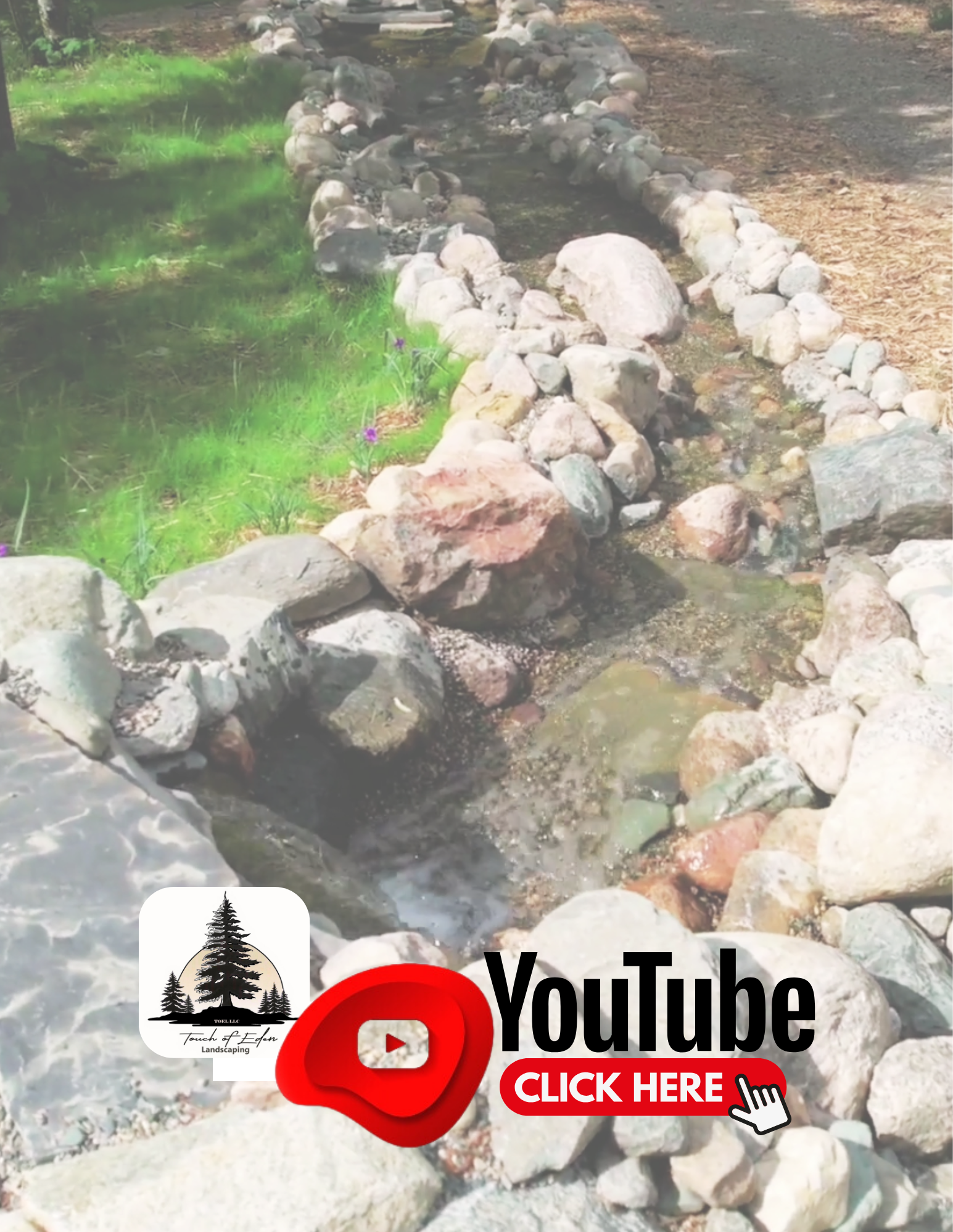A rocky stream with stones and green grass on the sides, with a partial YouTube advertisement overlay at the bottom.