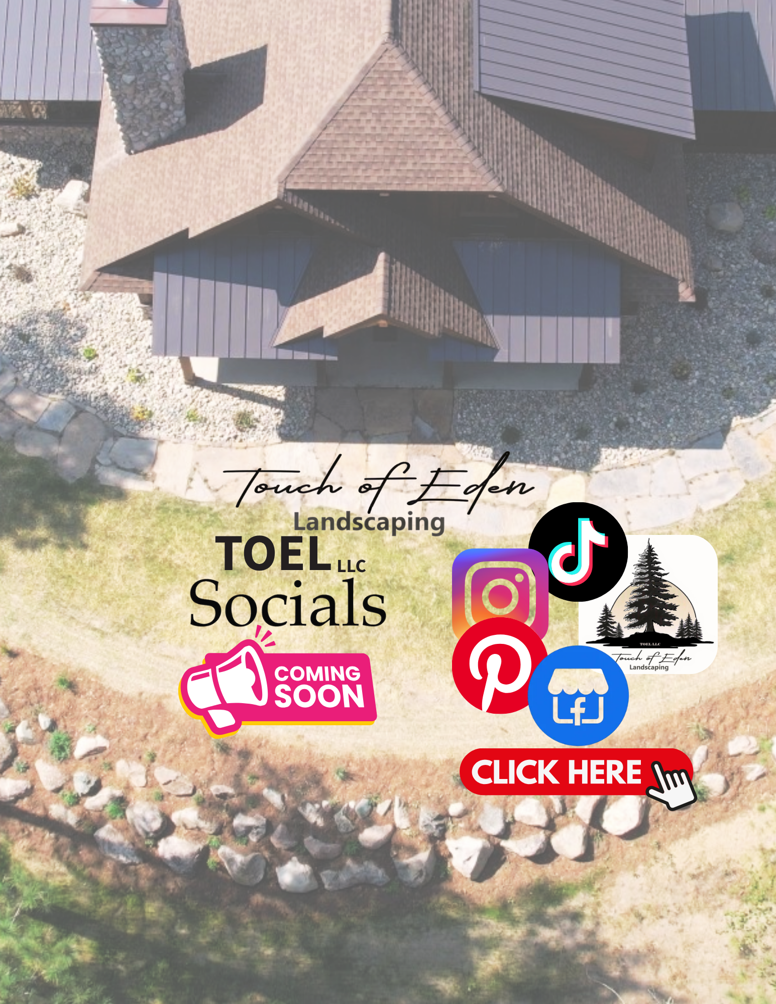 An aerial view of a house with a brown tiled roof and surrounding landscaping including a stone-bordered garden and a curved patio walkway. Overlayed on the image are logos of various social media platforms, a