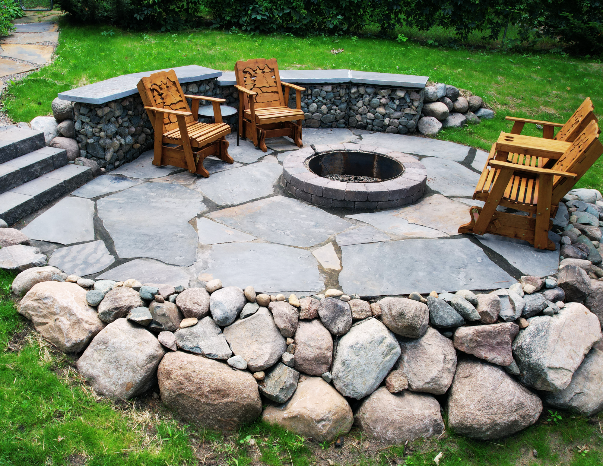 Gabion Wall | Flagstone Firepit | Bouders