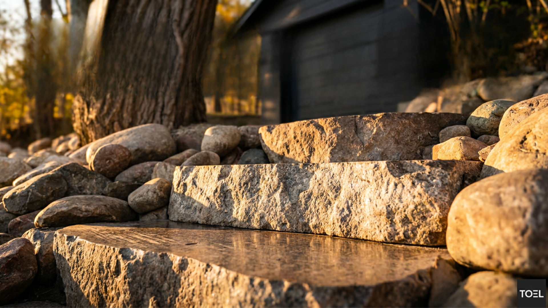 Sawn Boulder Steps carved though rip rap rock lead to paved patio & sidewalk giving lakeshore access around a newly renovated boathouse.