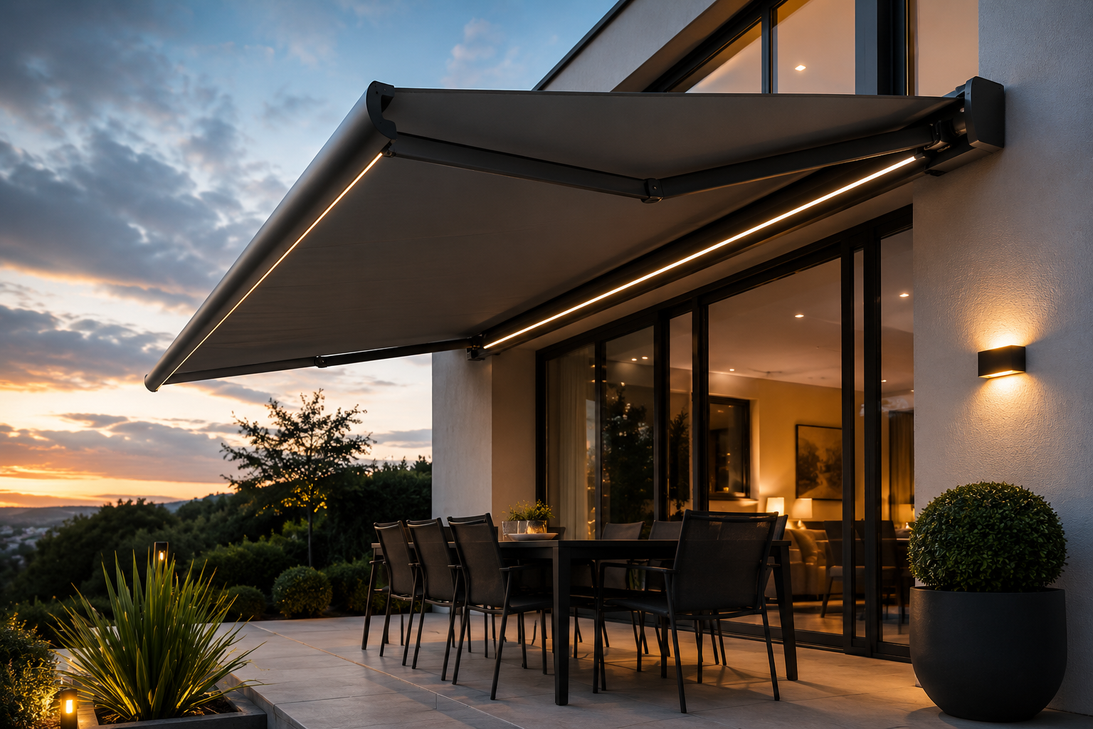 Modern outdoor patio with dining table, black chairs, large retractable awning, potted plants, and interior lights visible through glass doors at sunset.