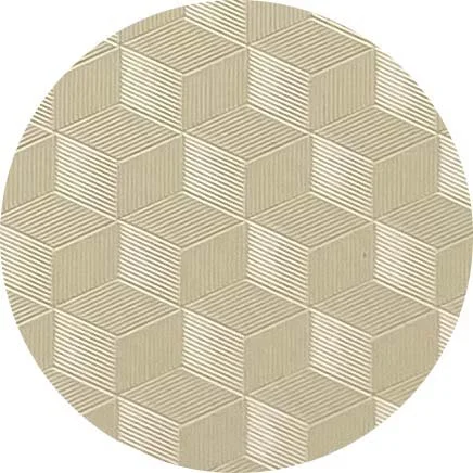 Pattern of beige geometric cubes with striped shading inside a circular frame.