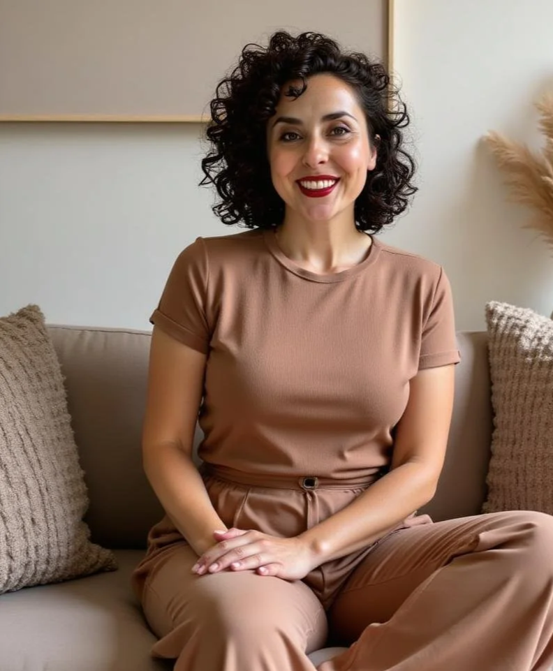 A woman with curly dark hair smiling and sitting on a beige couch in a brown matching outfit with beige pillows and a neutral background.