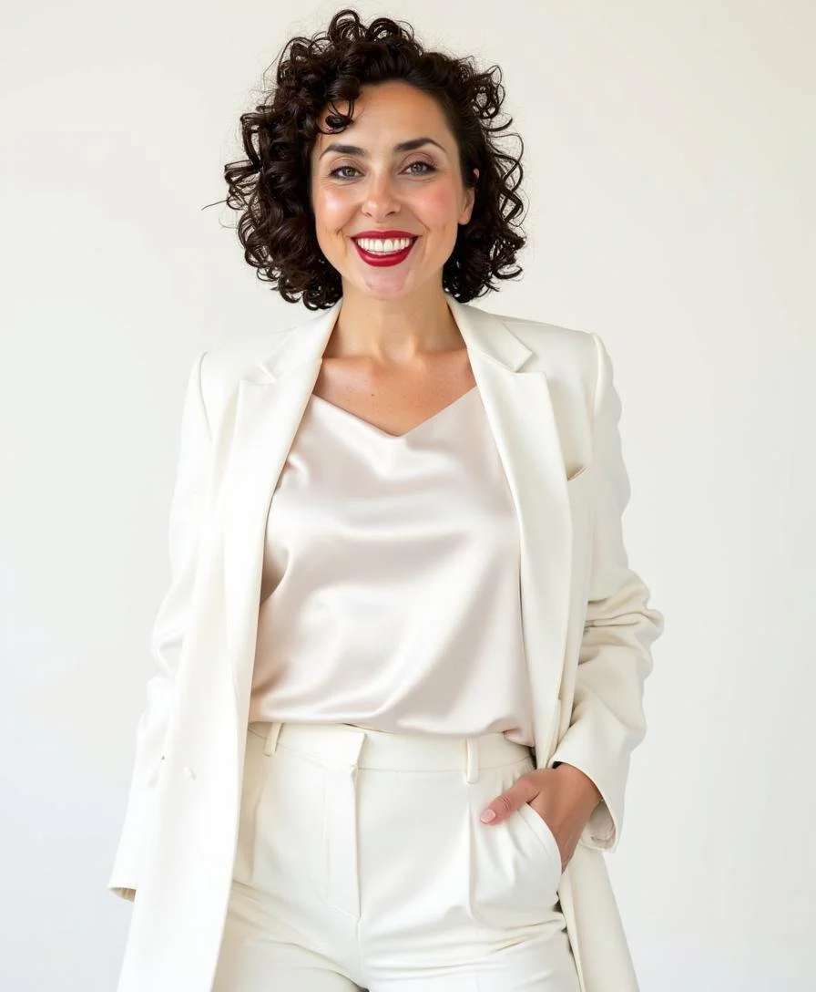 A woman with curly dark hair smiling, wearing a white blazer, a silk blouse, and white pants, standing against a plain light background.
