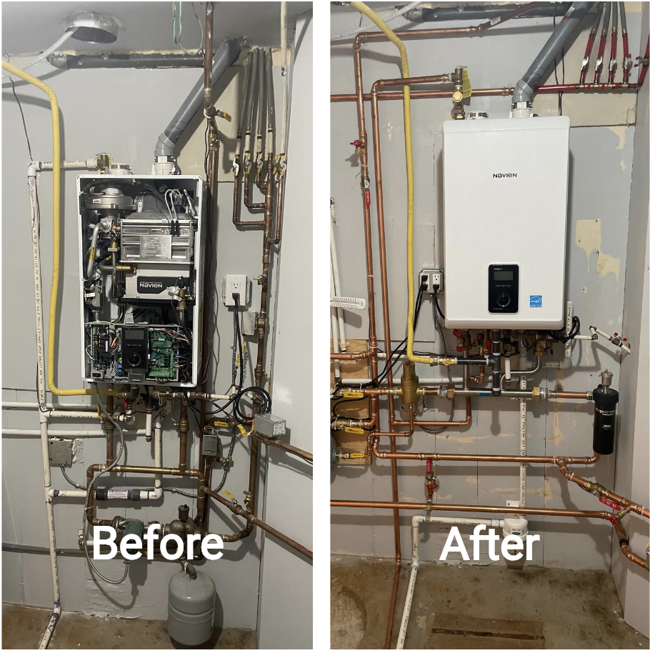 Comparison of a plumbing system before and after upgrade: Left side shows old, cluttered piping and a malfunctioning heater; right side shows new, organized, and efficient piping and a modern Navien water heater.