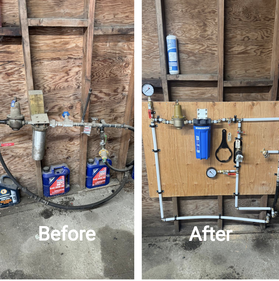 Comparison of plumbing system before and after upgrade: the left side shows an old, rusted pipe setup with two blue motor oils, while the right side displays a new, clean water filtration system with white pipes, gauges, and a blue filter housing.