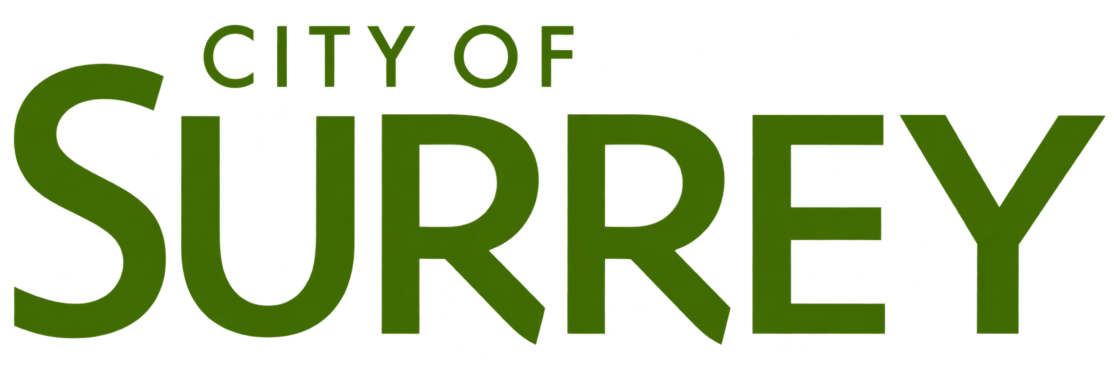3D green text reading 'CITY OF SURREY' with city skyline silhouette in yellow behind the letter 'R'.