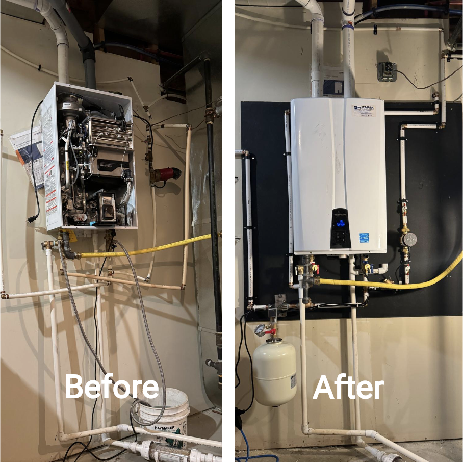 Side-by-side comparison of a water heater system before and after upgrade. The before image shows an older, open water heater unit with exposed components and wiring, while the after image shows a modern, sealed, energy-efficient tankless water heate