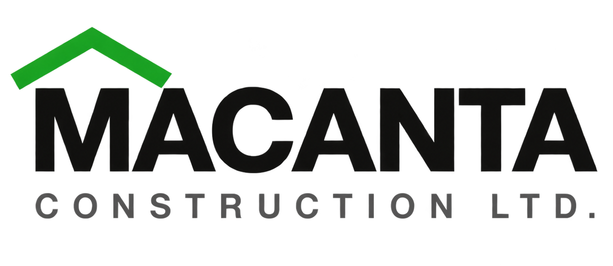Logo for Macanta Construction Ltd. featuring a stylized house roof in green and purple above the company name in bold black letters with gray text underneath.