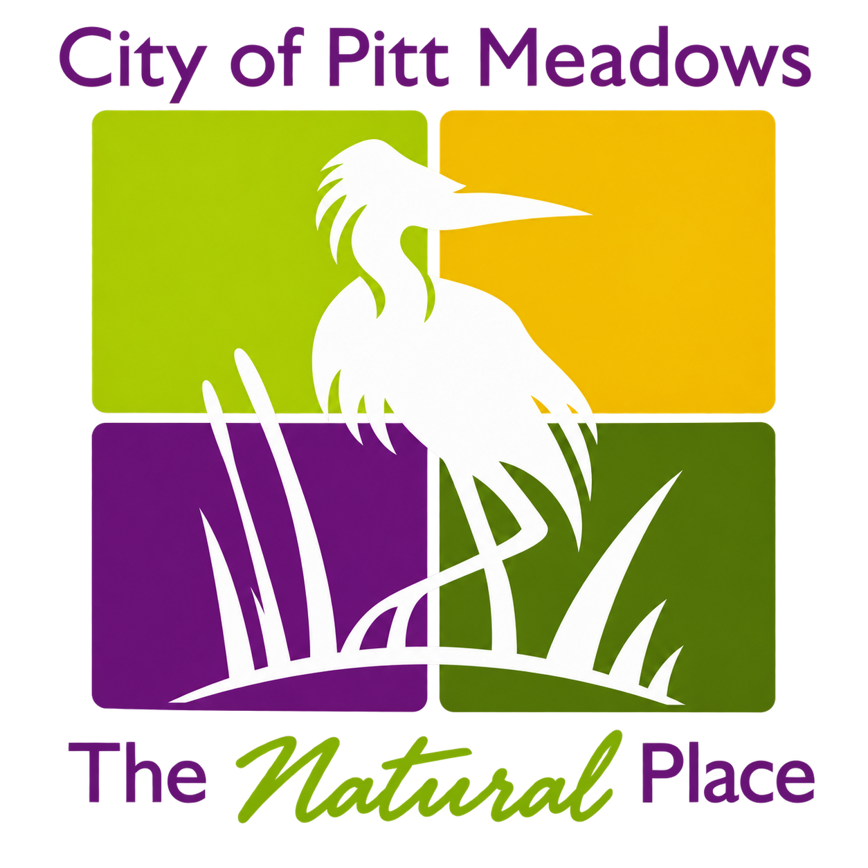Logo for the City of Pite Meadows featuring a white heron standing among purple, green, yellow, and orange blocks with the slogan "The Natural Place" in colorful text.