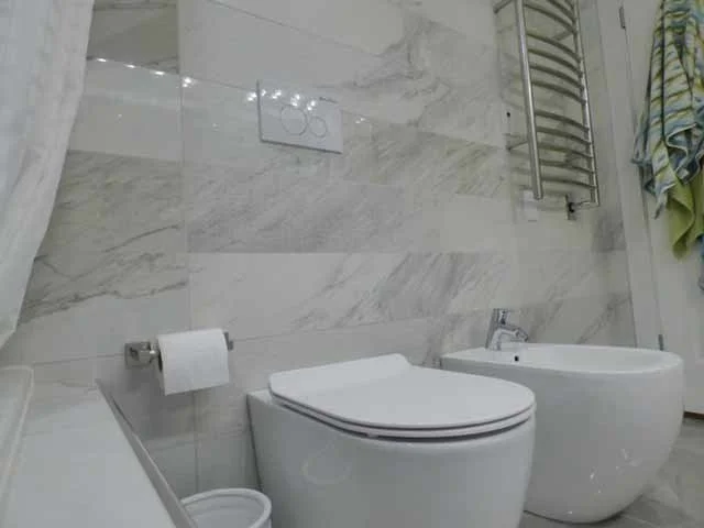 Modern bathroom with marble walls, a toilet, bidet, and heated towel rack.
