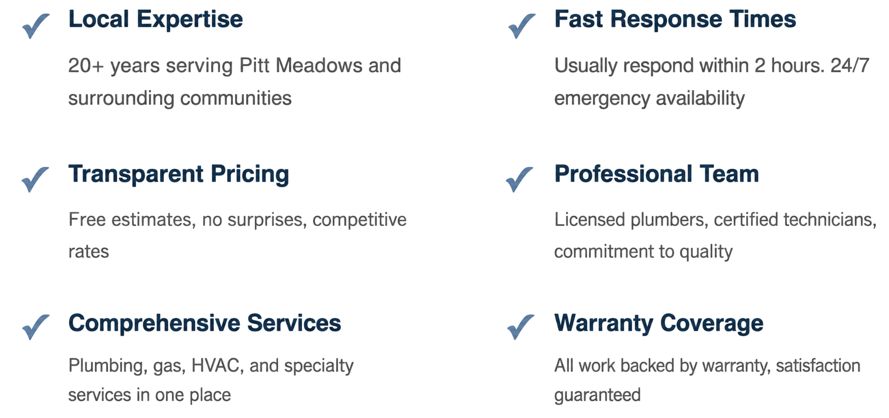 A promotional flyer divided into two columns highlighting reasons to choose a plumbing service. The left column lists 'Local Expertise,' 'Transparent Pricing,' 'Comprehensive Services,' with checkmarks and details about service history, free estimates, and complete plumbing services. The right column lists 'Fast Response Times,' 'Professional Team,' 'Warranty Coverage,' emphasizing quick responses, certified technicians, and work backed by warranties.