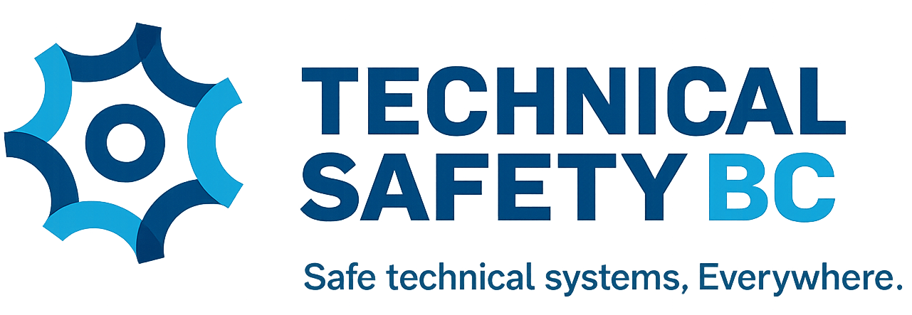 Logo for Technical Safety BC, featuring a blue gear icon and text that reads 'TECHNICAL SAFETY BC' with a tagline 'Safe technical systems. Everywhere.'