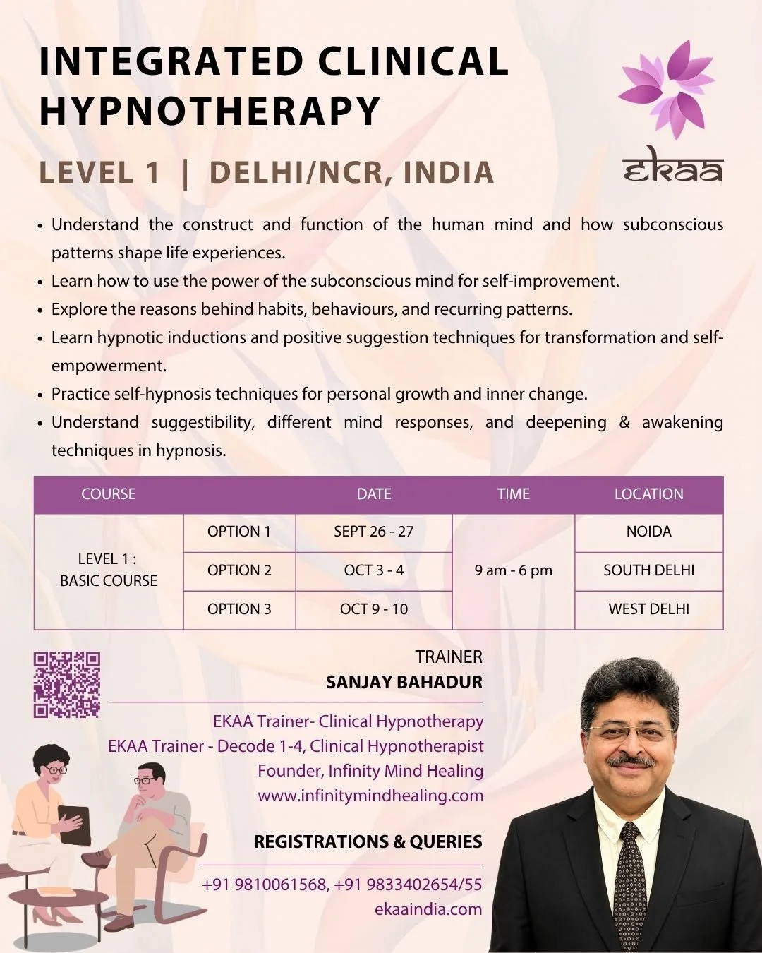 Poster advertising an integrated clinical hypnotherapy course in Delhi/NCR by Sanjay Bahadur, with details about course content, schedules, trainer, and contact information.