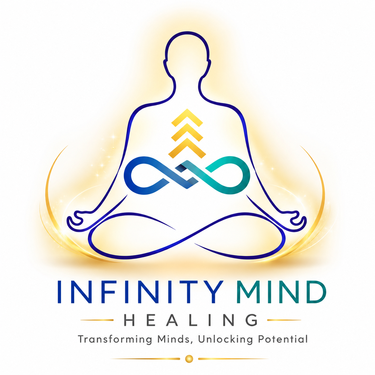 Logo of Infinity Mind Healing featuring a meditating human figure outlined in blue with an infinity symbol at the center, golden energy accents, and the tagline “Transforming Minds, Unlocking Potential.” The design symbolizes healing, consciousness.