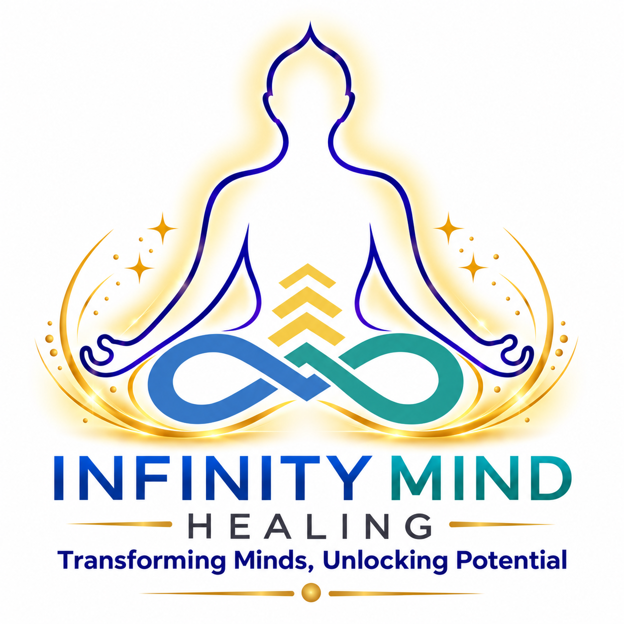 Infinity Mind Healing logo with a meditating figure, infinity symbol, golden sparkles, and the tagline “Transforming Minds, Unlocking Potential.”