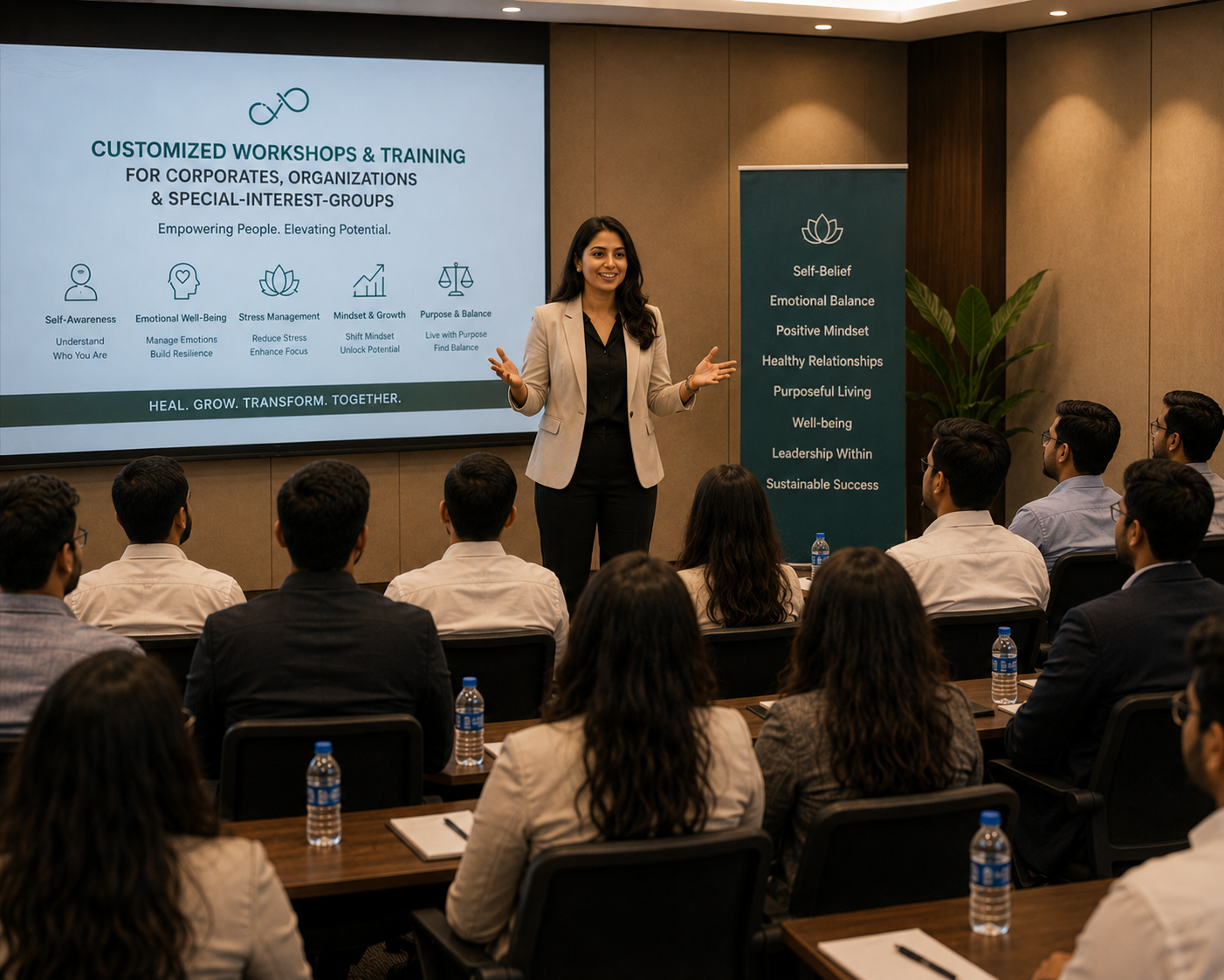 Professional training session for organizations focused on mindset, emotional balance, and workplace wellness