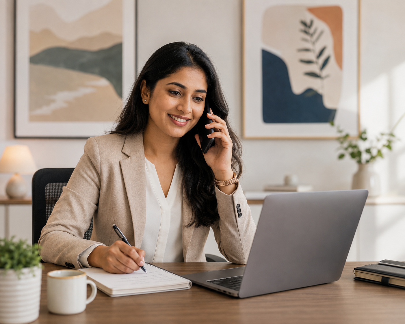 Professional woman speaking on the phone while working on a laptop and taking notes at a modern office desk, representing consultation, client support, coaching, or therapy services in a calm and welcoming environment.